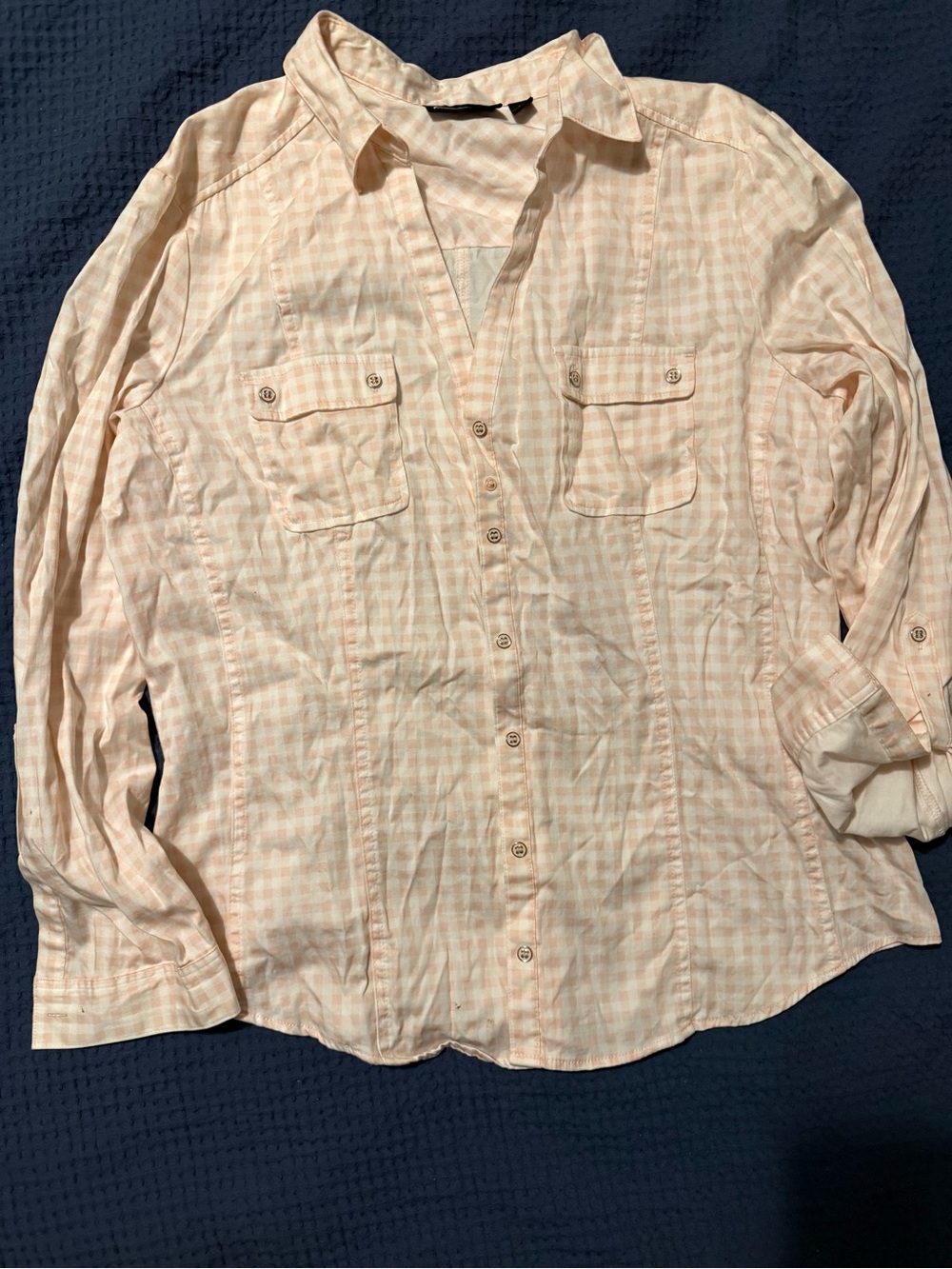 Light Peach Gingham Button-Down Shirt with Chest Pockets